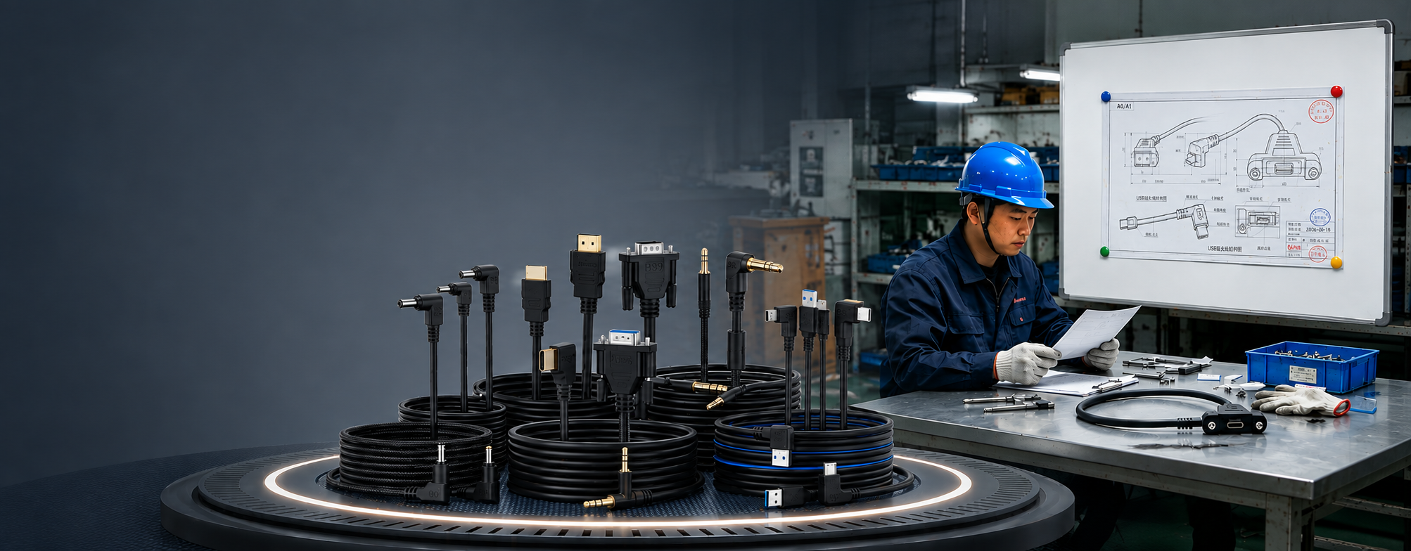 HKWIRE engineer reviewing a custom cable assembly drawing in the production facility