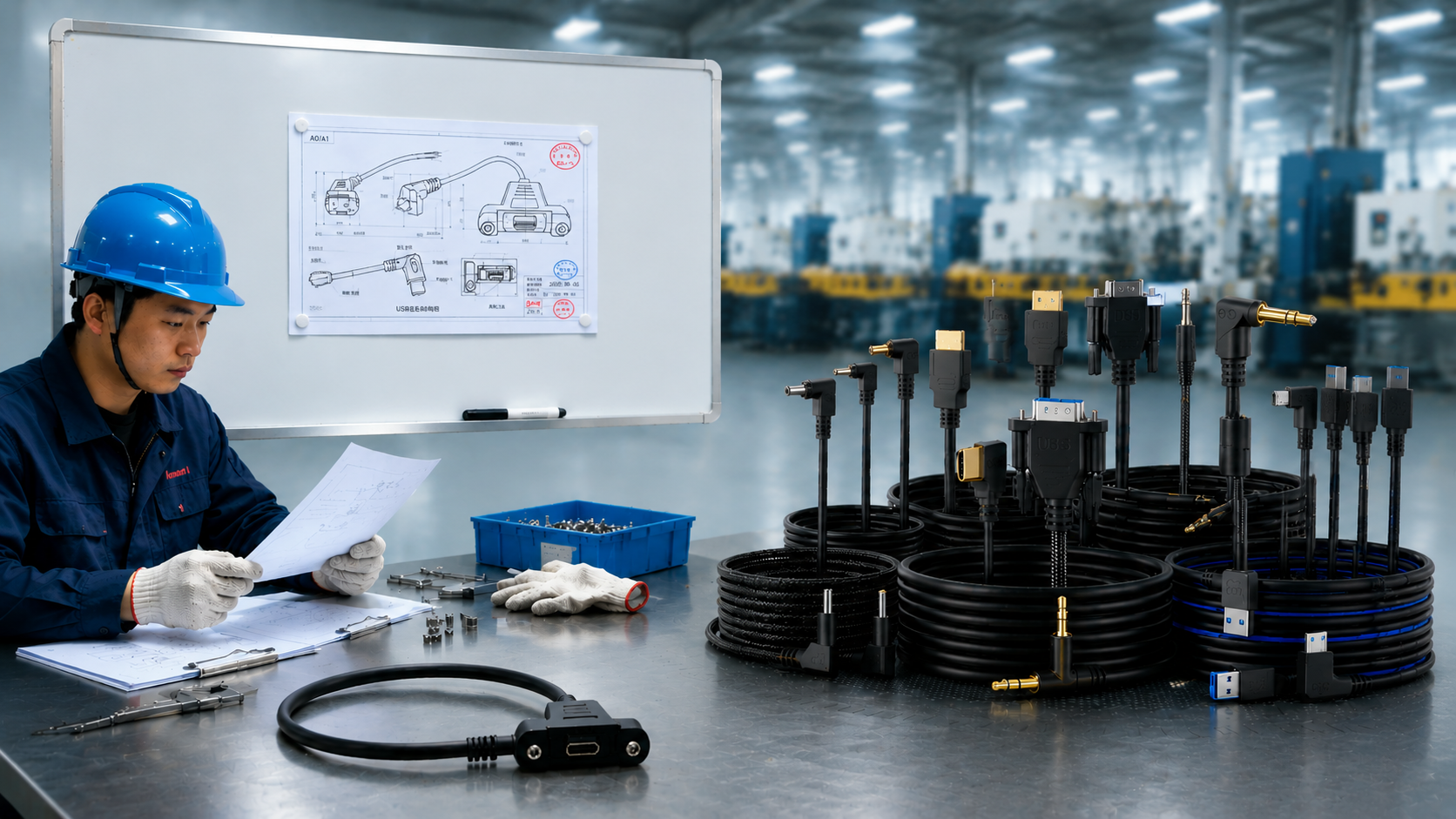 Custom cable assemblies and connectors in a production environment