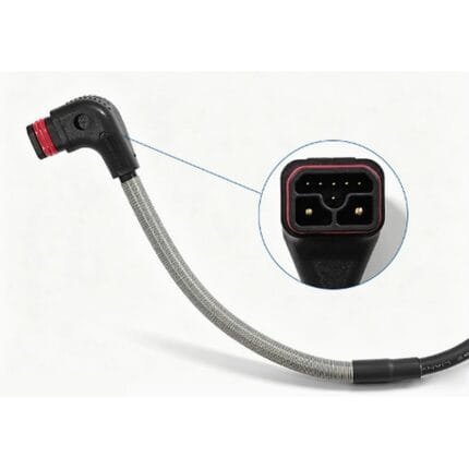 2+6 eBike battery connector cable with a 90 degree overmolded body and a braided metallic sleeve