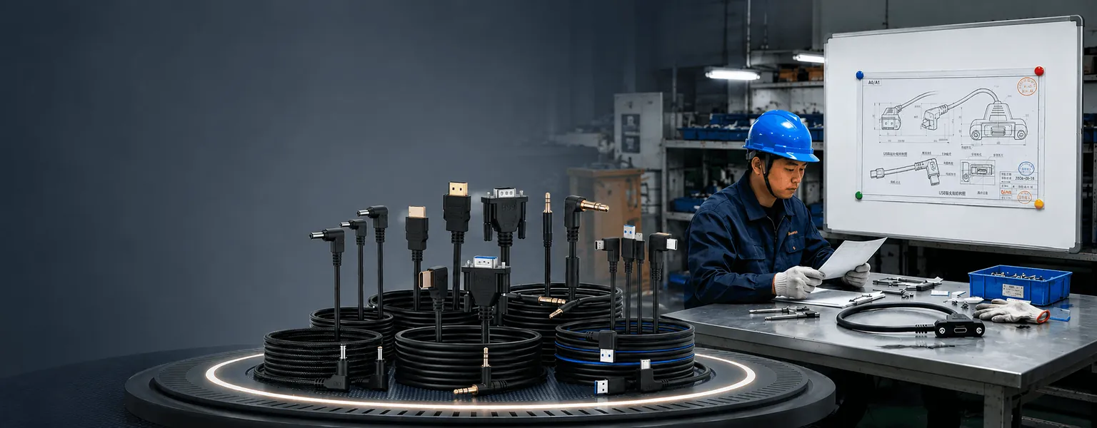 HKWIRE engineer reviewing a custom cable assembly drawing in the production facility