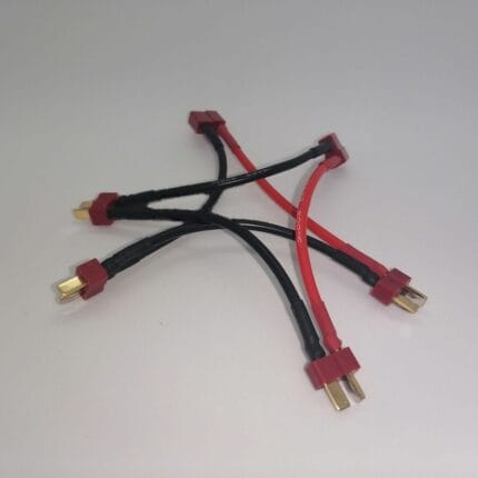 Drone battery power harness with four 12 AWG silicone leads and red T-plug connectors