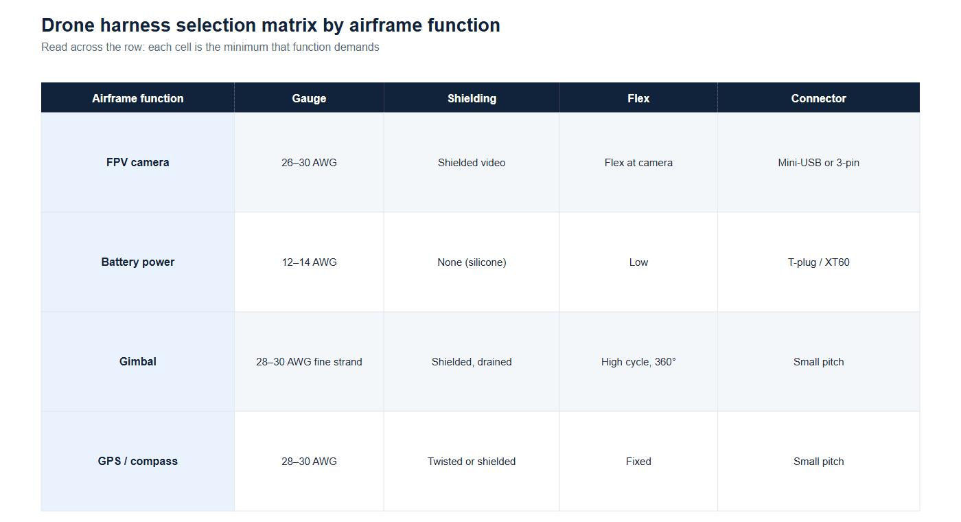 Drone harness selection matrix across FPV camera, battery power, gimbal and GPS-compass applications with gauge, shielding, flex and connector columns