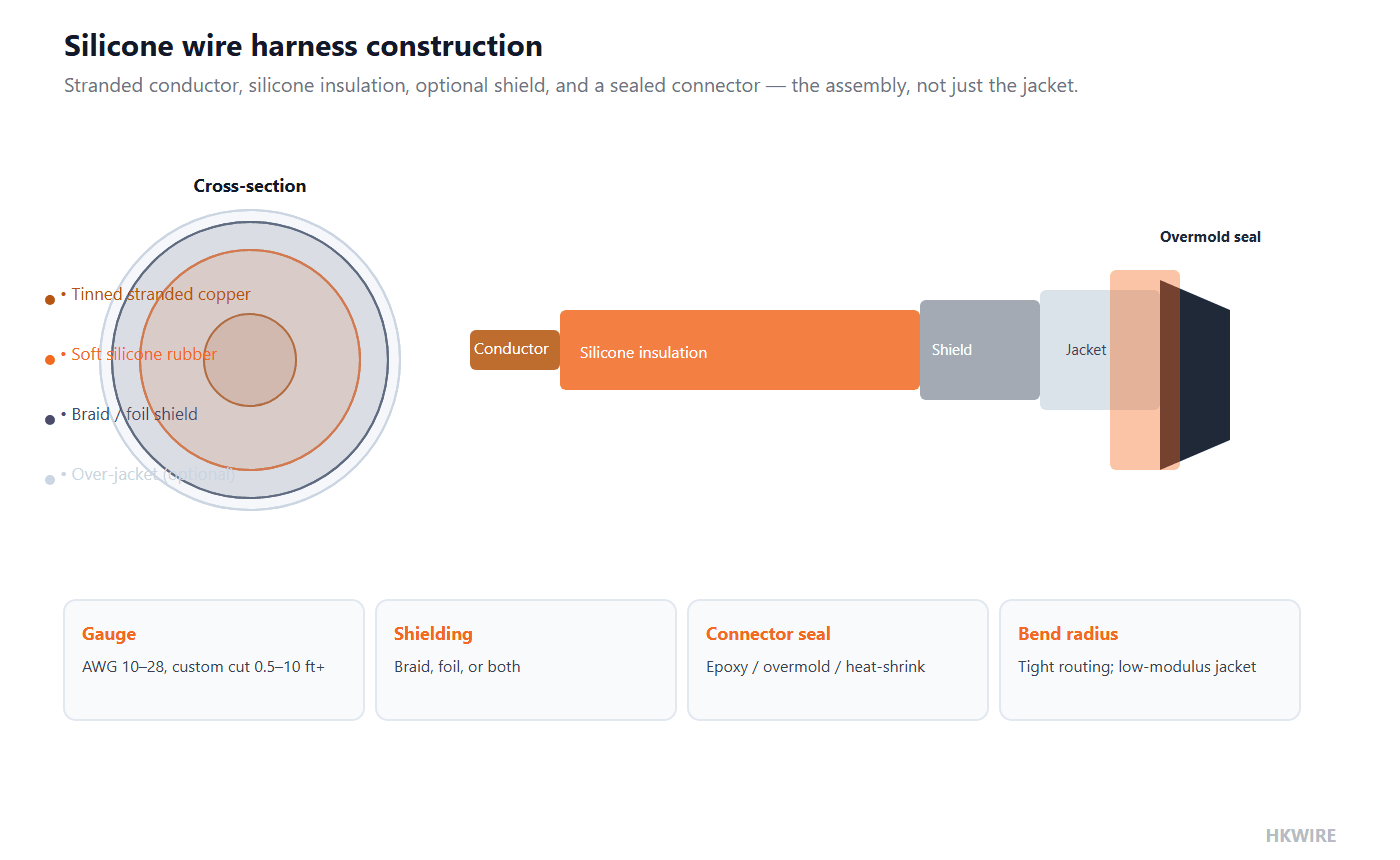Cross-section and longitudinal cutaway of a silicone wire harness showing conductor, silicone insulation, shield, jacket and overmold seal