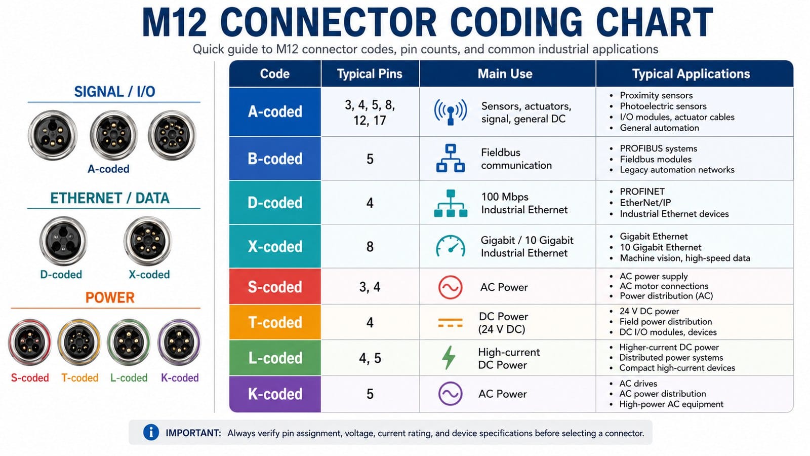M12 connector coding chart grouped by Signal / I/O, Ethernet / Data and Power — A, B, D, X, S, T, L, K codes with pin counts and typical industrial applications.