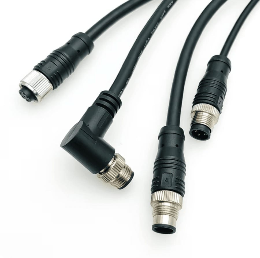A PVC CM jacket on a Cat5e patch cord installed in a control cabinet, shown next to a PUR-jacketed high-flex cord